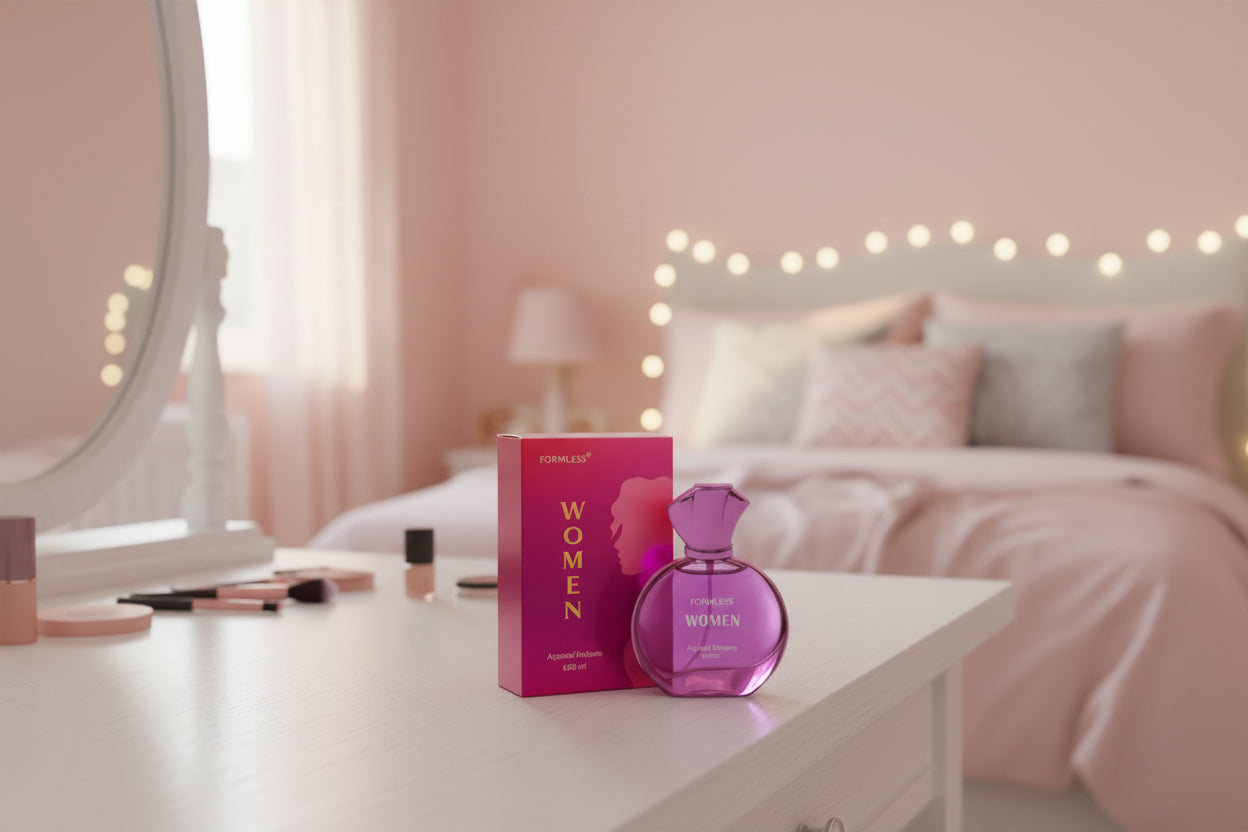 Formless Women perfume bottle and packaging on a pink background