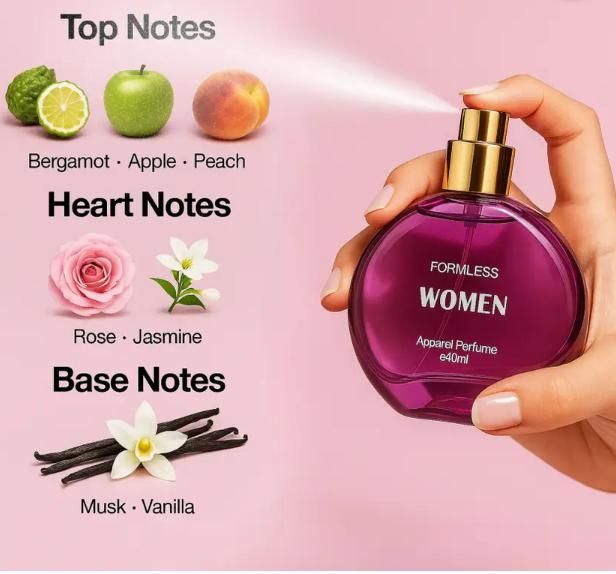 Perfume bottle labeled 'Formless Women' with notes description on a pink background