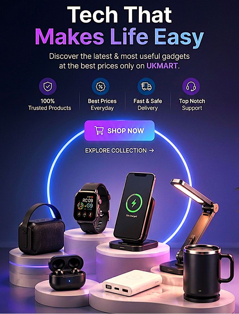 Promotional collage for a tech gadget collection on a dark blue background with glowing purple lighting. Large headline reads 'Tech That Makes Life Easy' and 'SHOP NOW' with 'EXPLORE COLLECTION ->'.