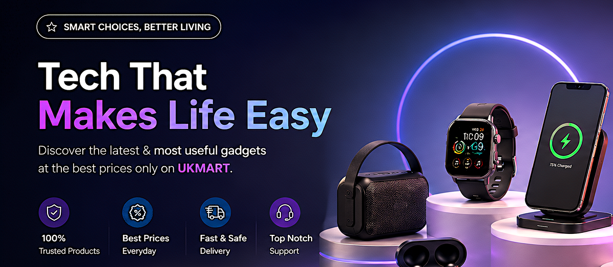 Promotional banner for a tech gadget collection on UKMART, featuring a smartphone charging, black over-ear headphones, wireless earbuds in a charging case, a smartwatch, a fitness watch, and a white power bank on illuminated display pedestals against a dark blue-purple background.